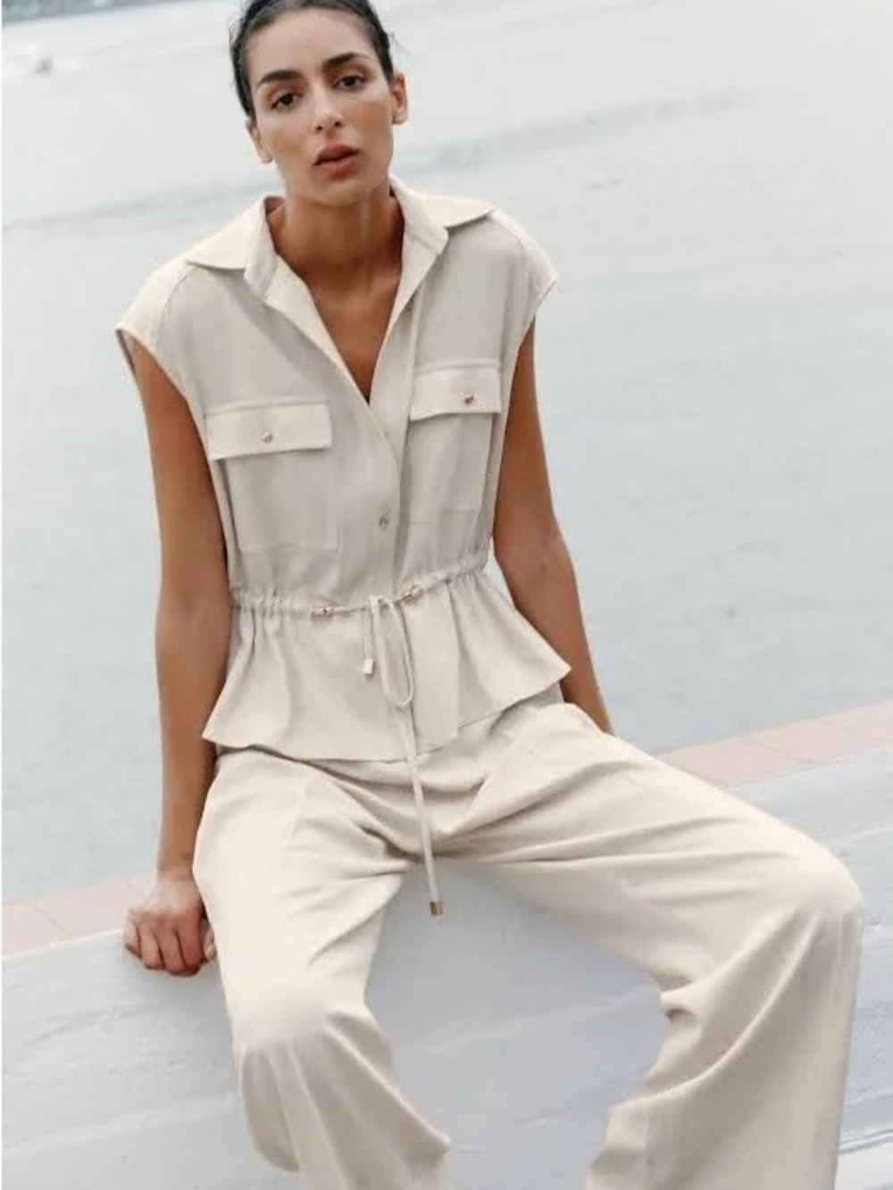 NWT Zara Linen Blend Summer Flowy Jumpsuit Sleeveless Drawstring Minimalist M